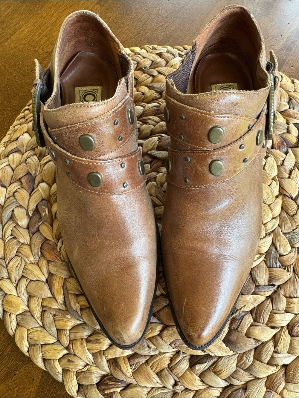 Women's Tan Leather Ankle Booties with Studded Strap Detail
